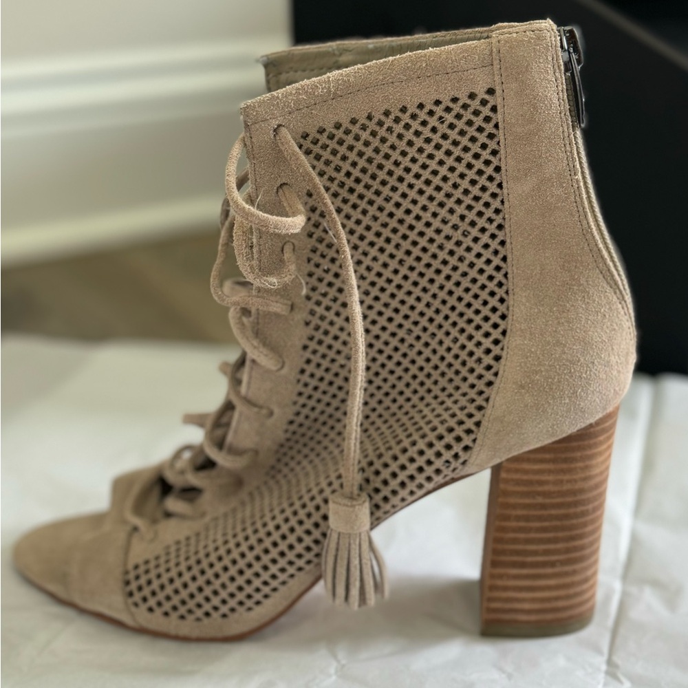 Never Worn Marc Fisher Block Heel Suede Lace Up Sandal Boot in Neutral